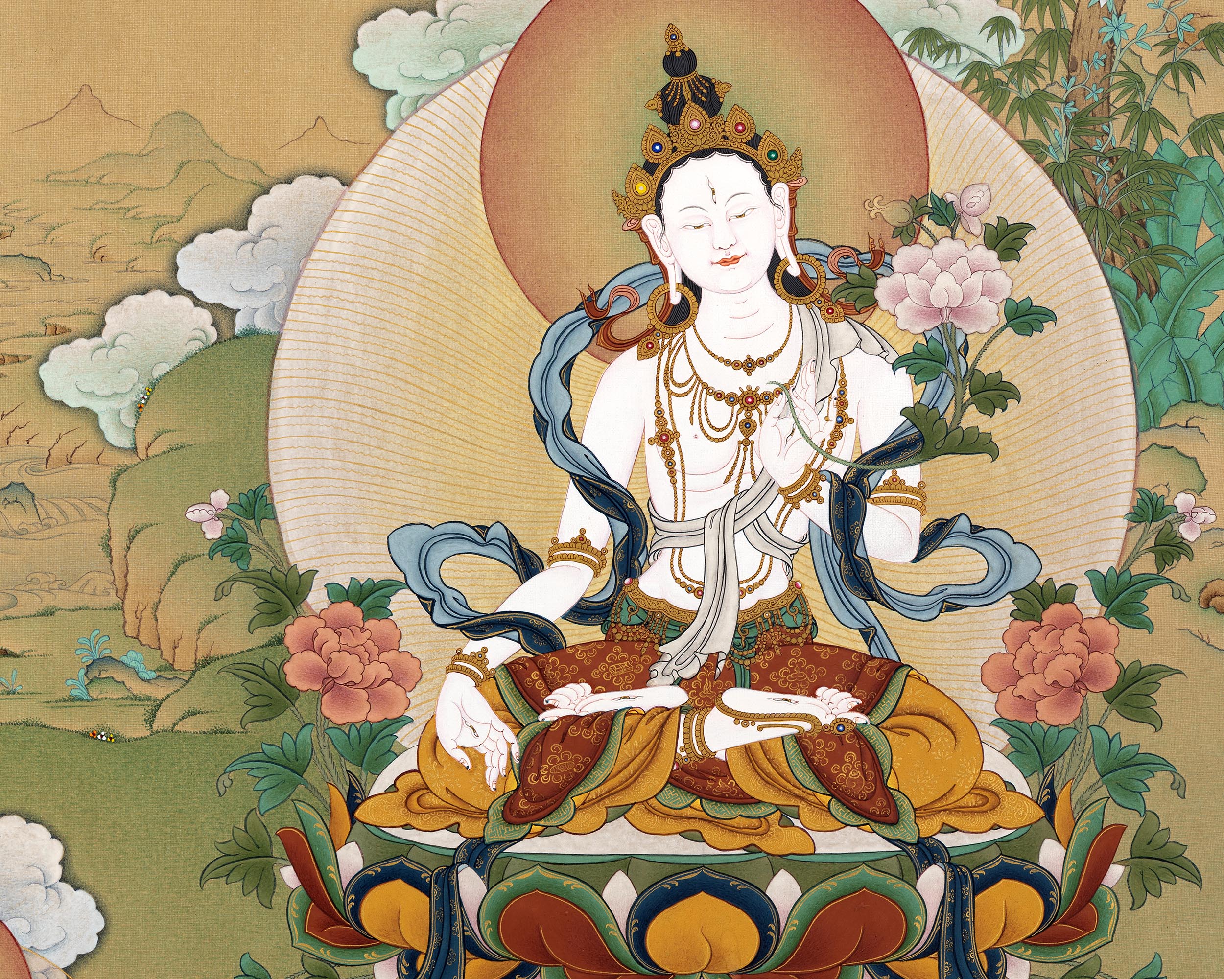 Tibetan Bodhisattva Thangka Print | White Tara, Amitayus and Namgyalma Thangka