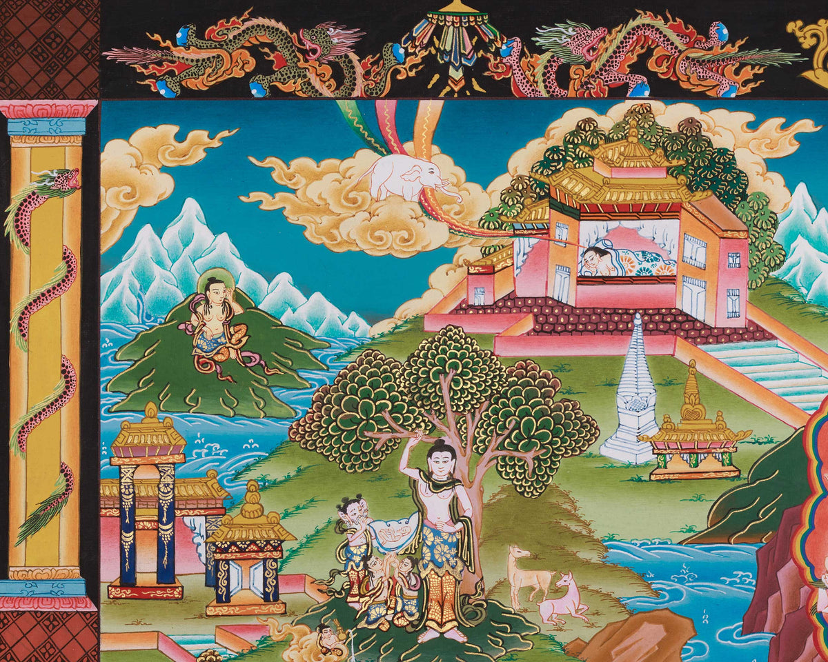 Horizontal Buddha Life Story Thangka | A Sacred Thangka of Awakening