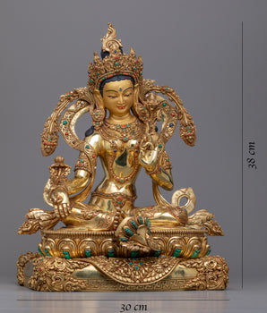 Embrace Protection with the Statue of Tara Green | Himalayan 24k Gold Gilded Art