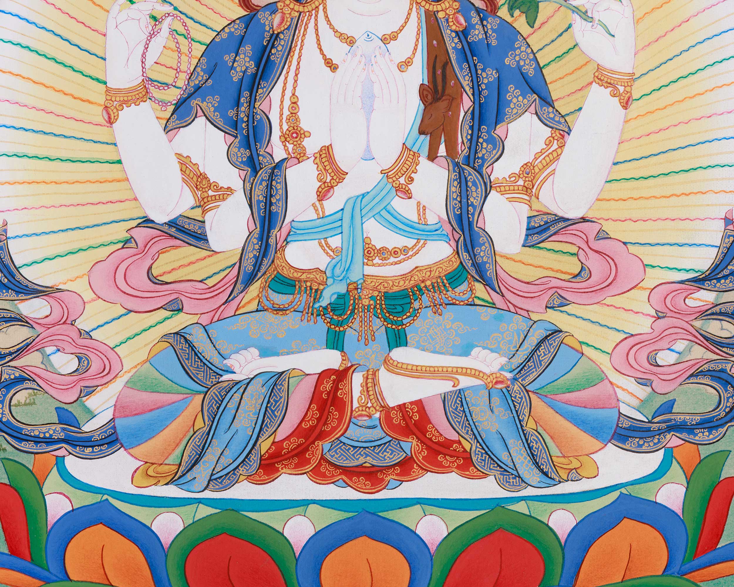 Thangka of Four-Armed Chenrezig, Compassion Buddha | With Manjushri and Vajrapani