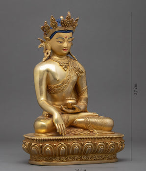 Crowned Buddha Shakyamuni Statue | Traditional Hand Carved Buddhist Art