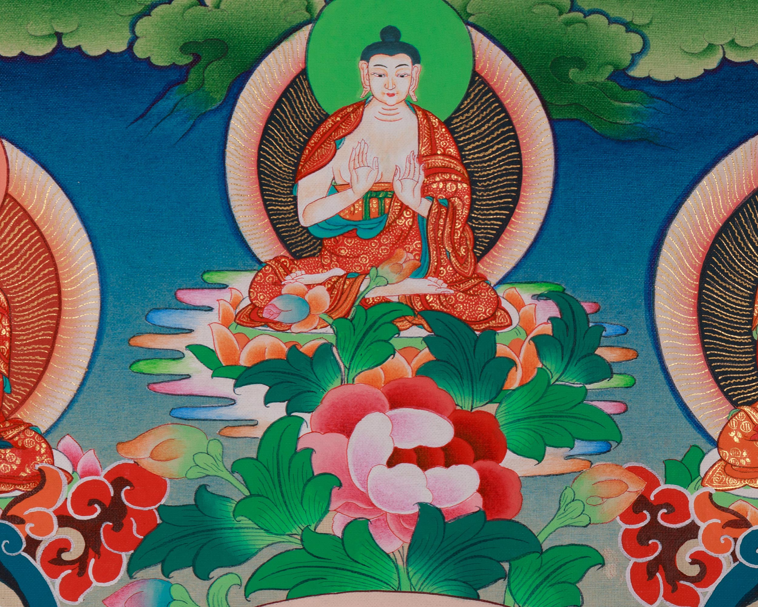 Shakyamuni Buddha With Five Dhyani Buddhas Thangka | Enlightenment and Wisdom