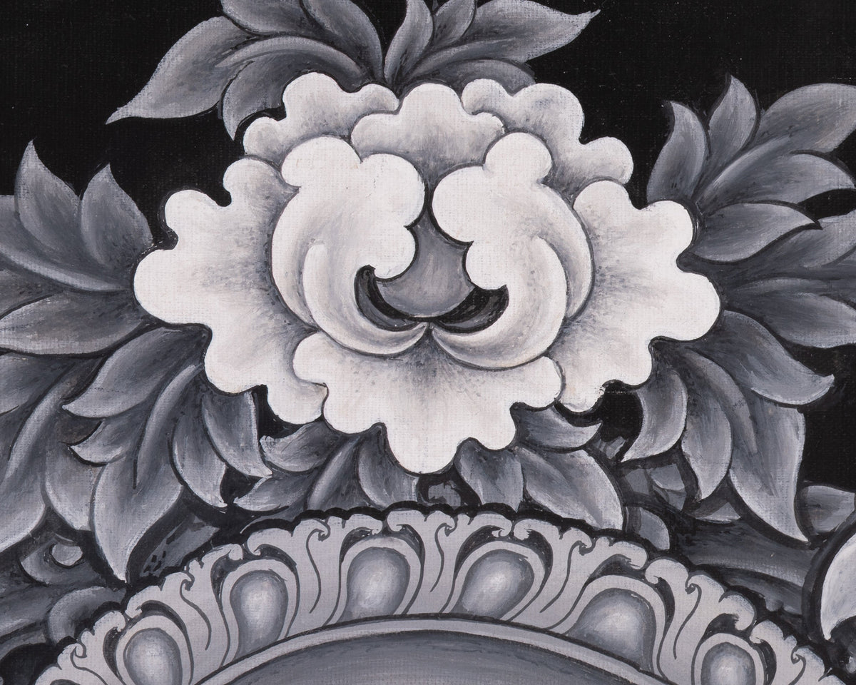 Black and White Bodhisattva Chenrezig Thangka | Avalokiteshvara Art | Compassion Deity