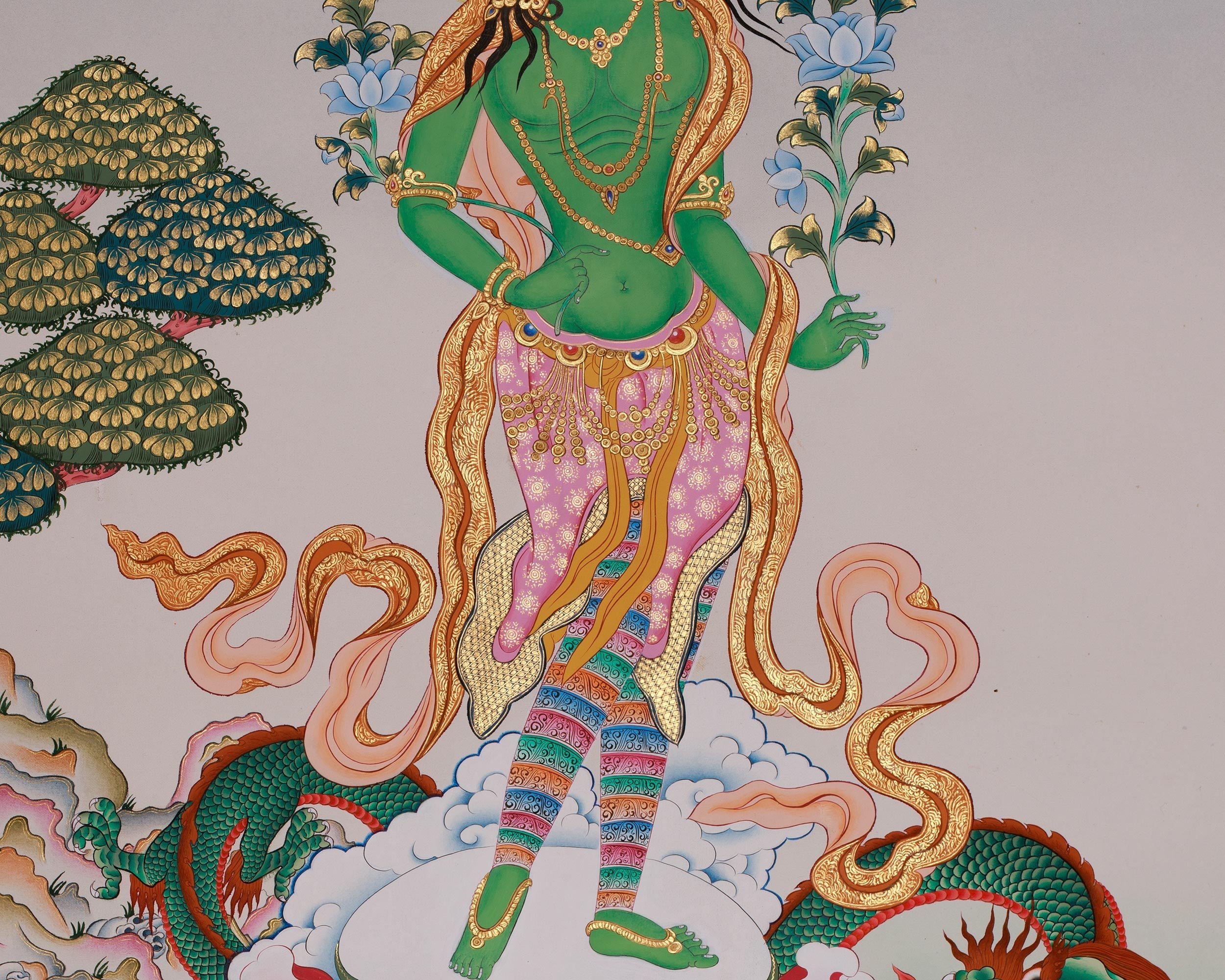 Compassionate Deity Standing Green Tara Thangka | Swift Protection | Shyama Tara