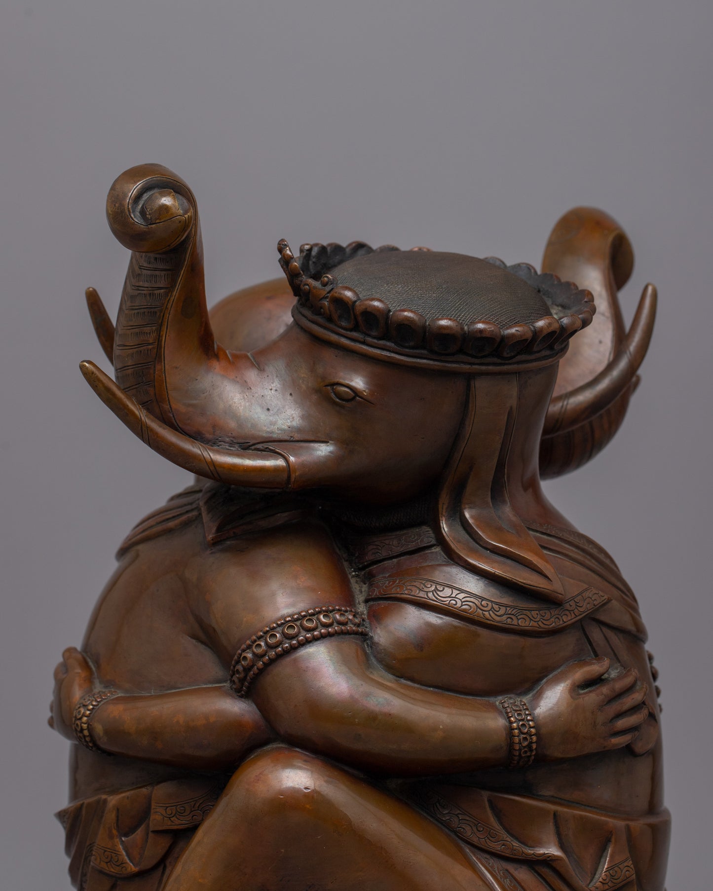 Intricate Copper Ganesh Consort Statue | Handcrafted Artistry for Your Space