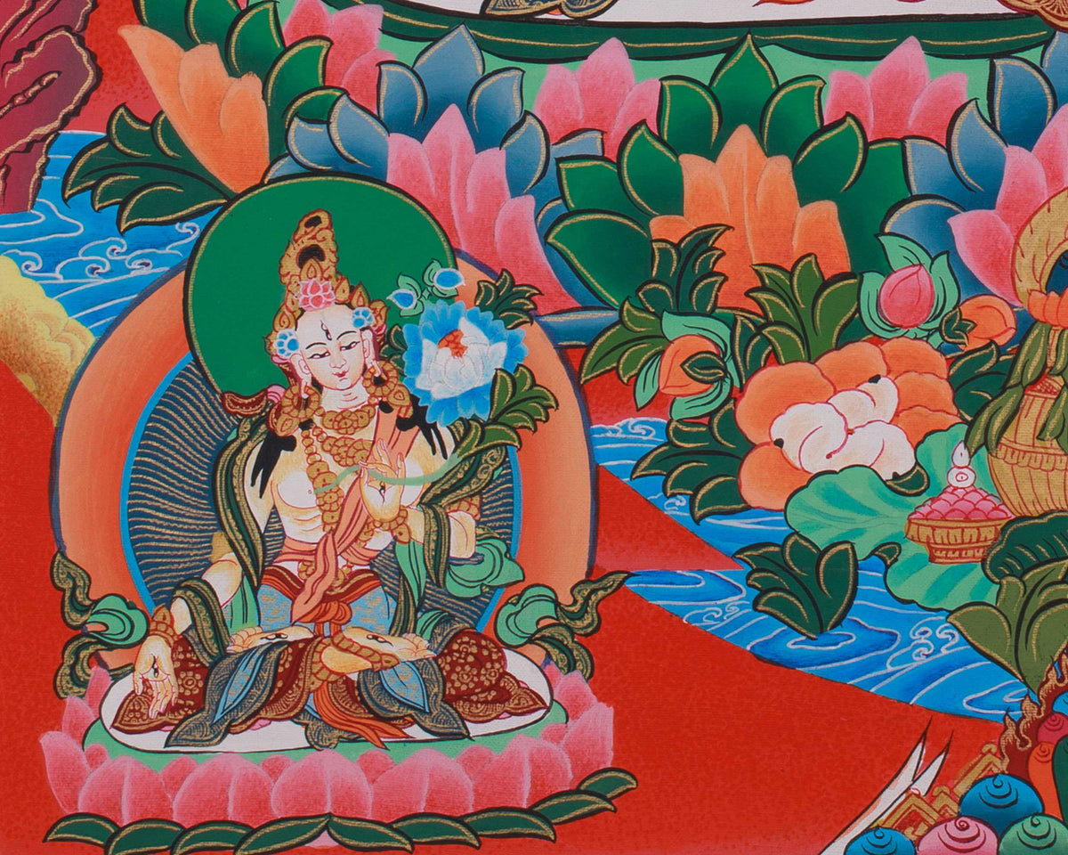 Namgyalma with Five Dhyani Buddhas White Tara and Amitayus | A Sacred Thangka of Longevity and Purification