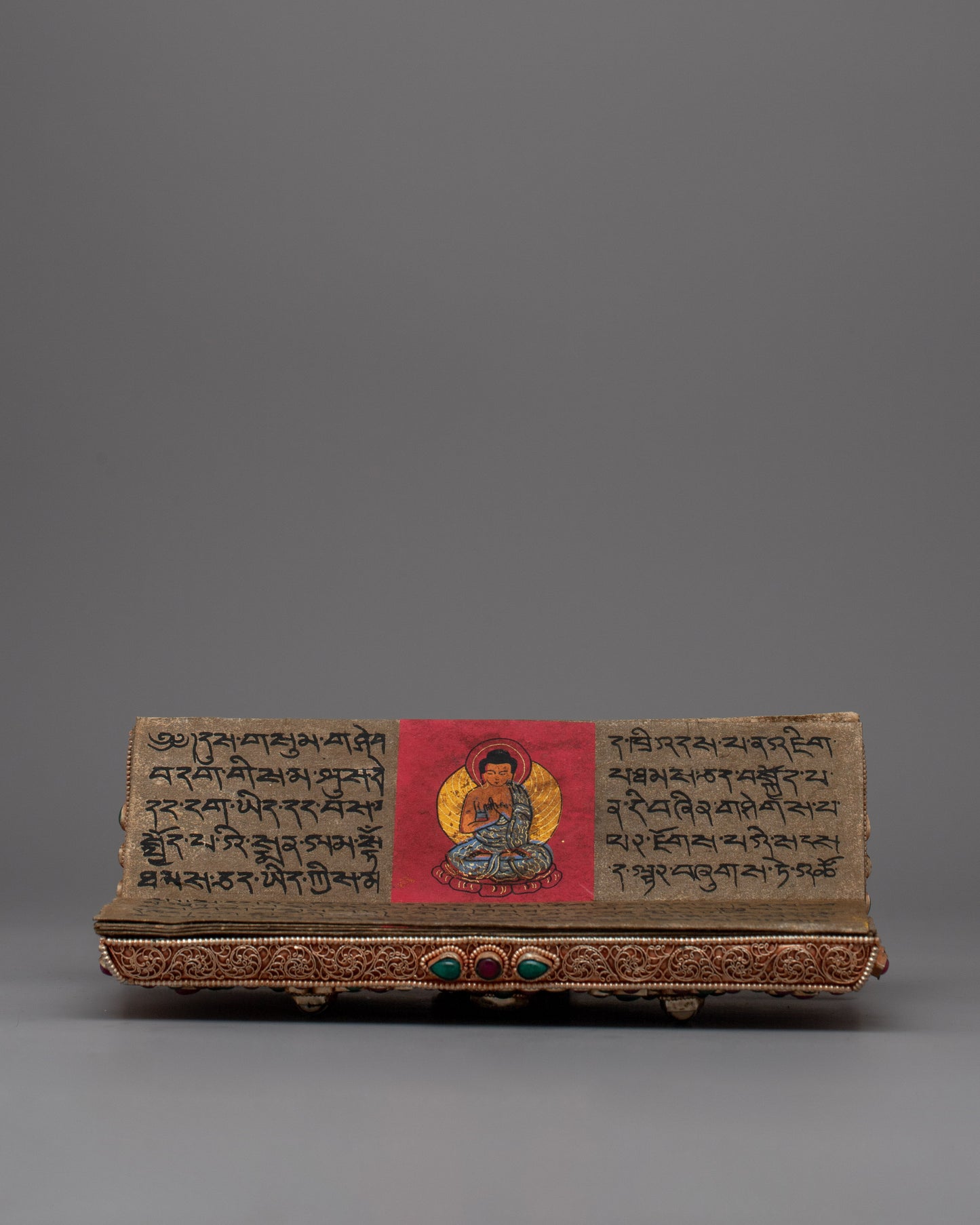 Decorative Tibetan Prayer Book |  Elegant Spiritual Text with Copper and Gem Inlays