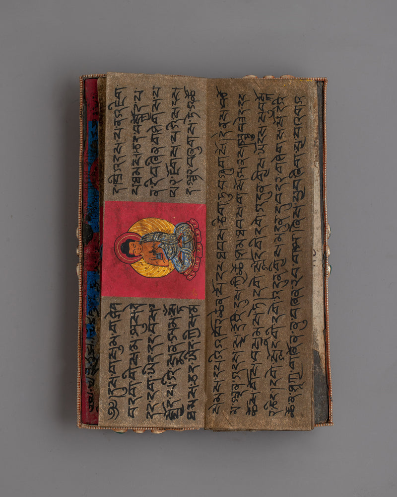 Decorative Tibetan Prayer Book |  Elegant Spiritual Text with Copper and Gem Inlays