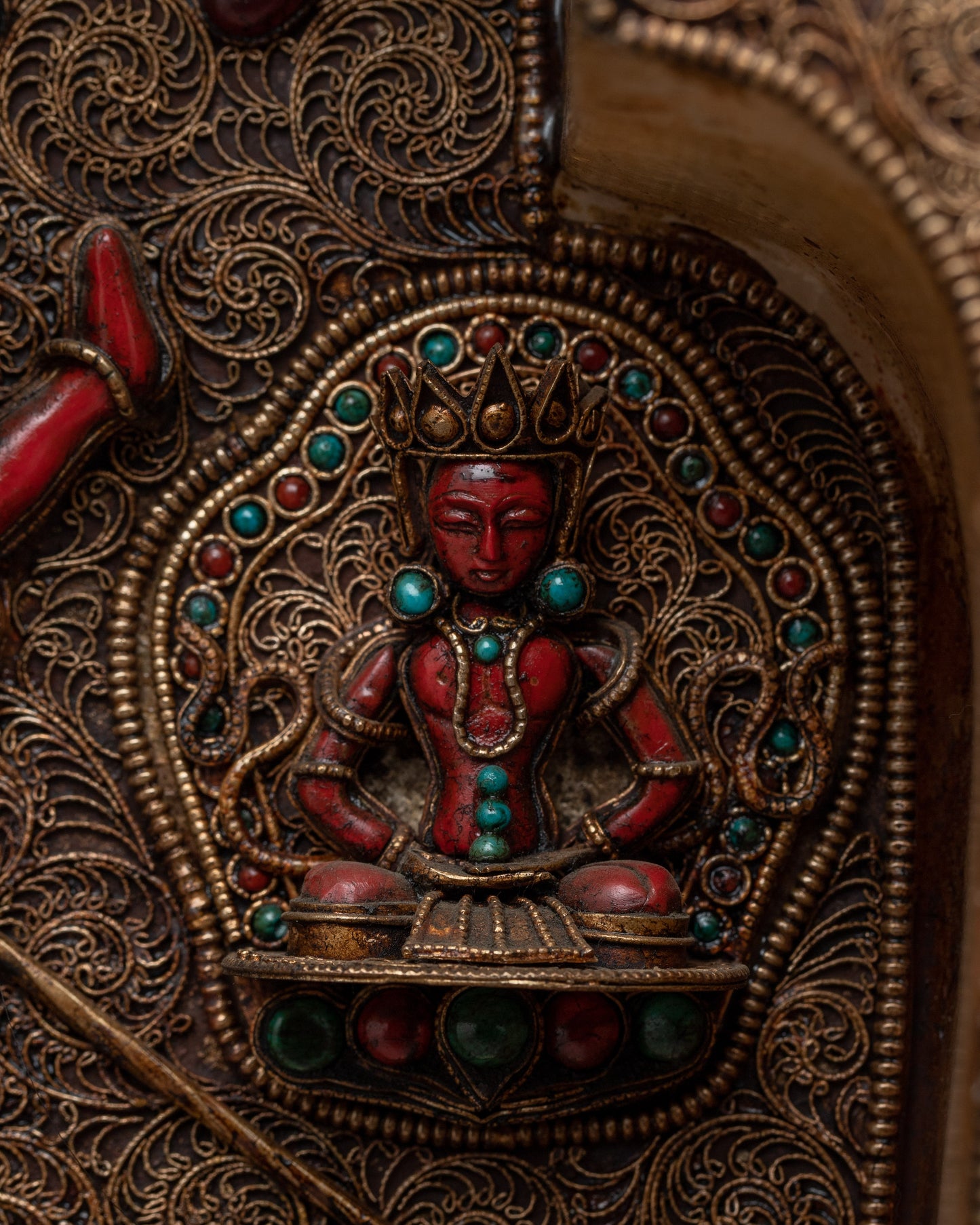 Handmade Vajrayogini Statue |  Copper with Turquoise, Coral, and Panna