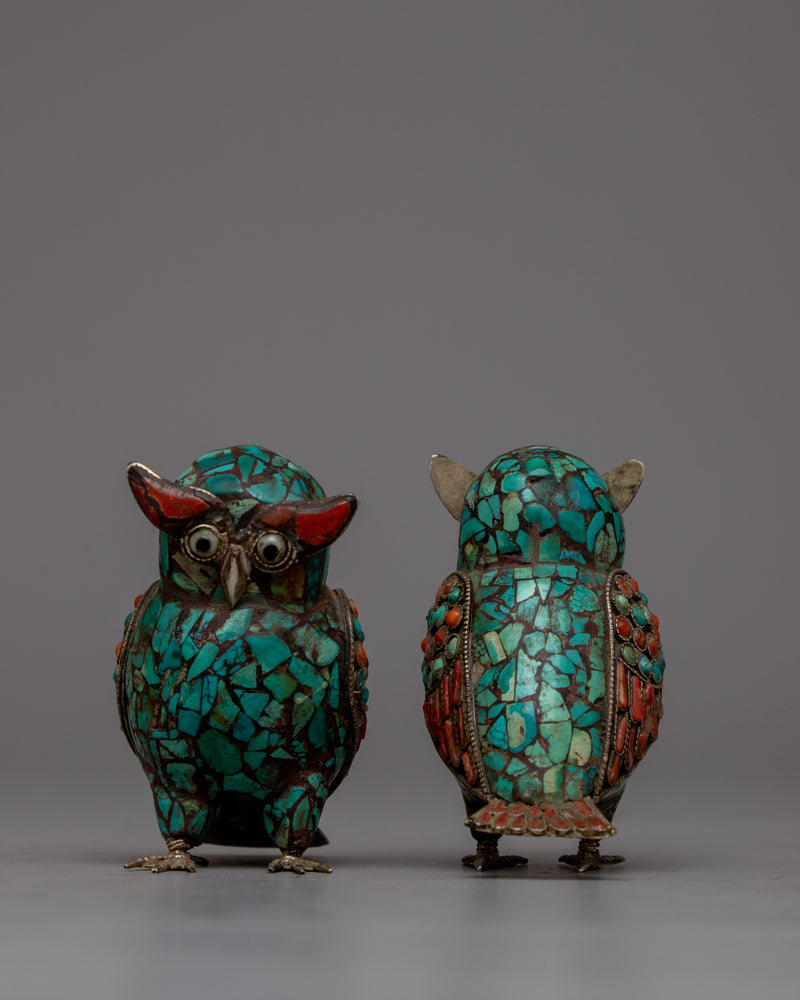 Charming Owl Set | Intricate Turquoise and Coral Inlays