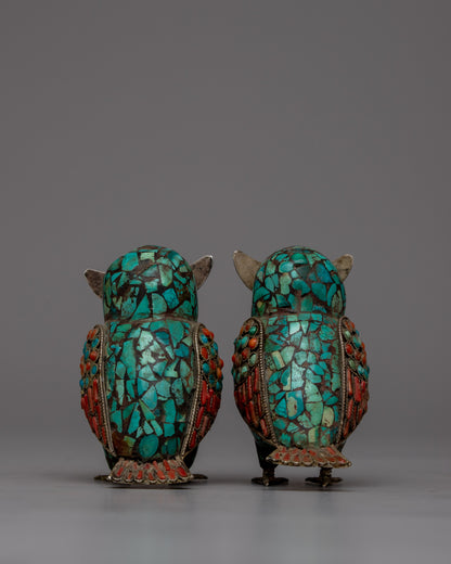 Charming Owl Set | Intricate Turquoise and Coral Inlays