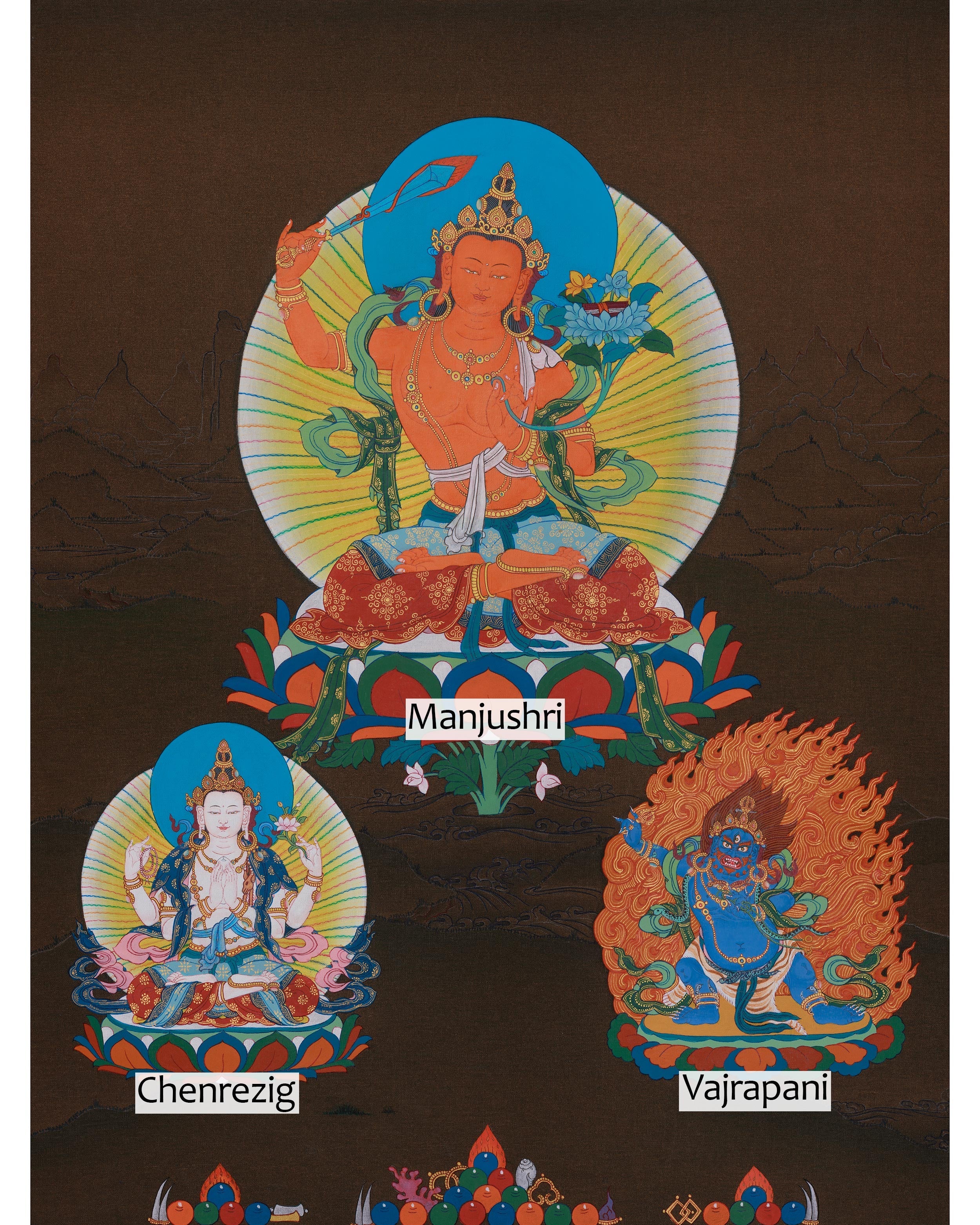 Sacred Thangka of Manjushri with Chenrezig and Vajrapani | Three Great Bodhisattvas