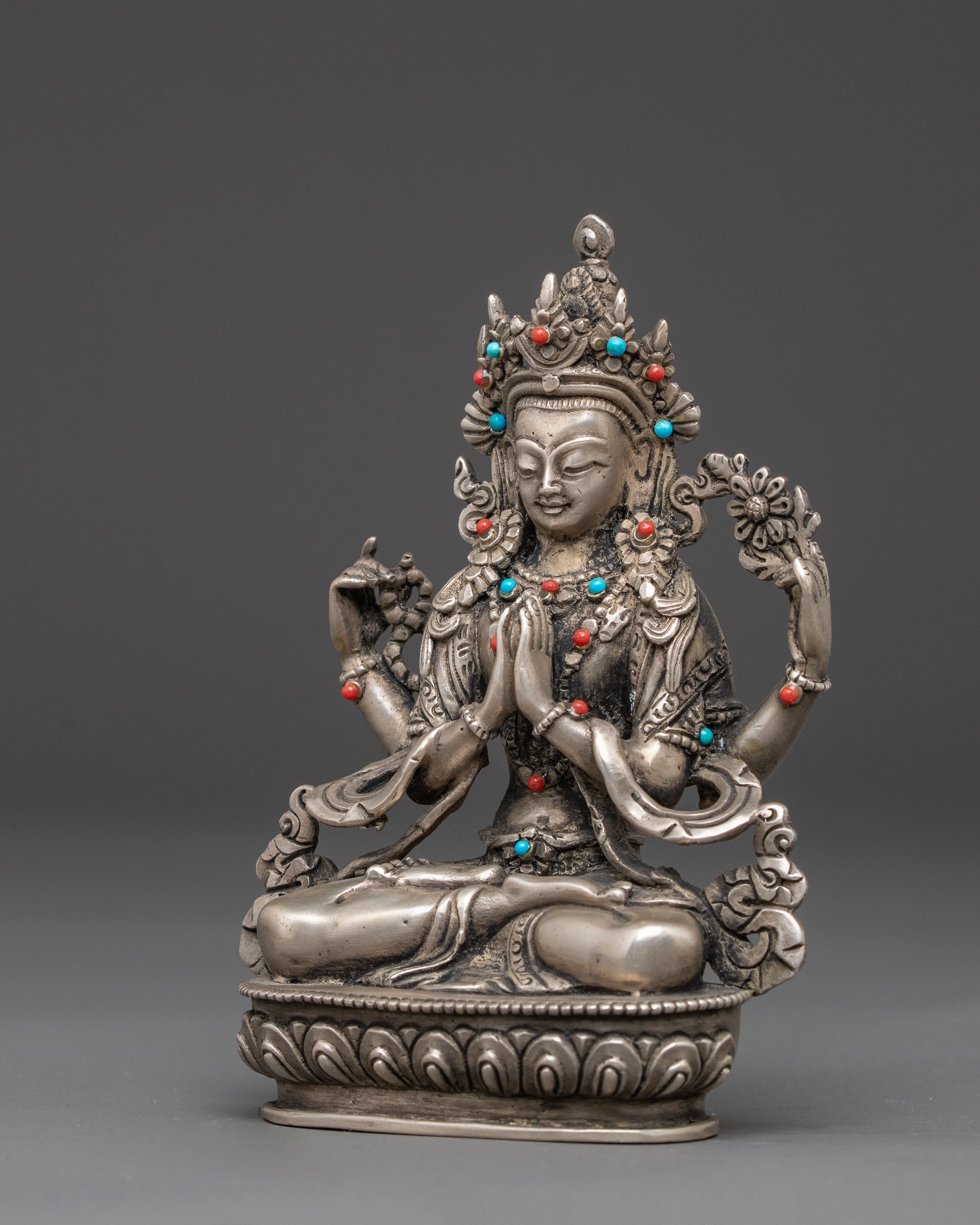 Handmade Silver Chenrezig Statue | Compassion Buddha Sculpture