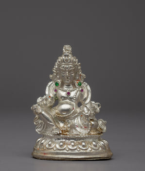 Small Silver Dzambhala Statue | Artisan Buddhist Sculpture of Wealth Deity for Sacred Spaces