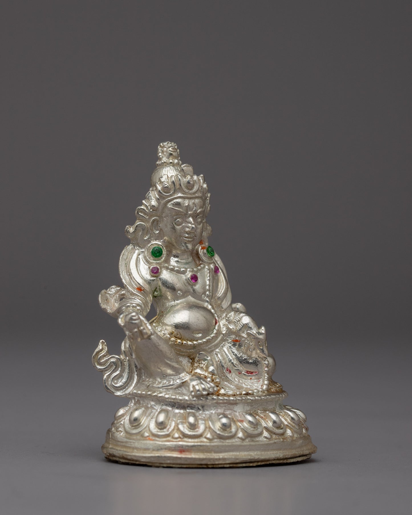 Small Silver Dzambhala Statue | Artisan Buddhist Sculpture of Wealth Deity for Sacred Spaces