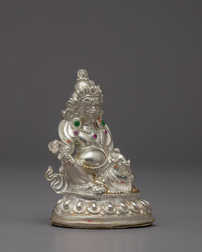 Small Silver Dzambhala Statue | Artisan Buddhist Sculpture of Wealth Deity for Sacred Spaces