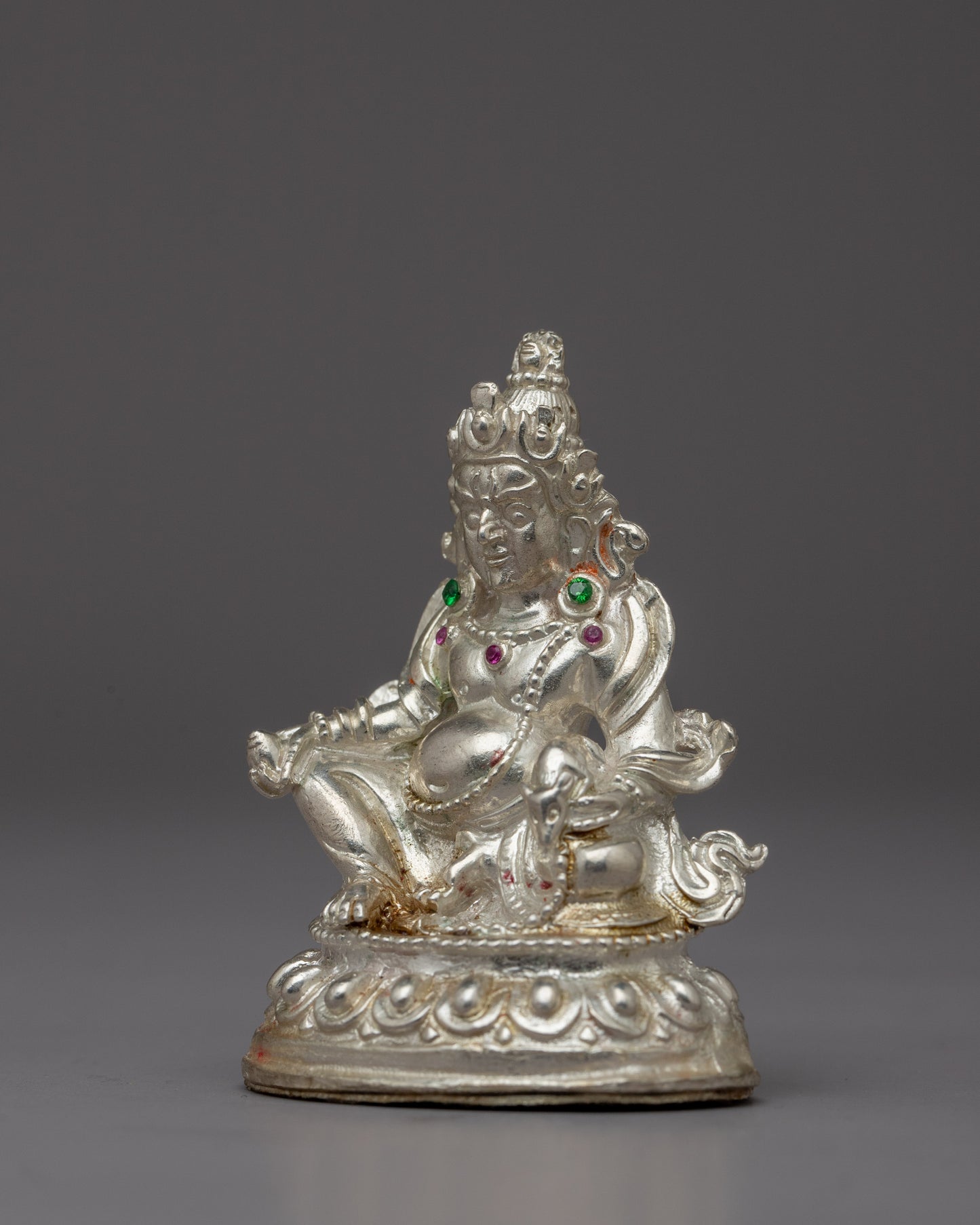 Small Silver Dzambhala Statue | Artisan Buddhist Sculpture of Wealth Deity for Sacred Spaces