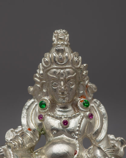 Small Silver Dzambhala Statue | Artisan Buddhist Sculpture of Wealth Deity for Sacred Spaces