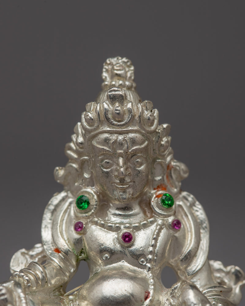 Small Silver Dzambhala Statue | Artisan Buddhist Sculpture of Wealth Deity for Sacred Spaces