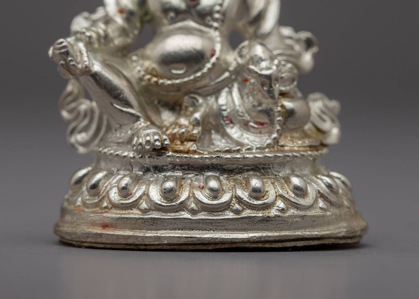 Small Silver Dzambhala Statue | Artisan Buddhist Sculpture of Wealth Deity for Sacred Spaces