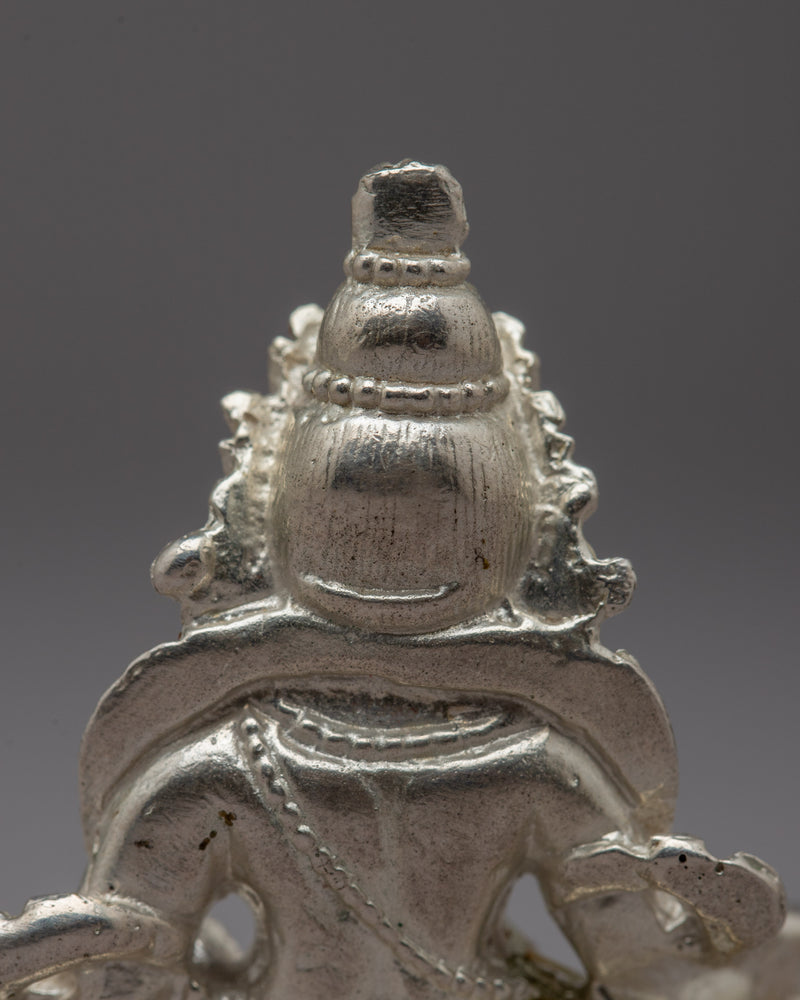 Small Silver Dzambhala Statue | Artisan Buddhist Sculpture of Wealth Deity for Sacred Spaces