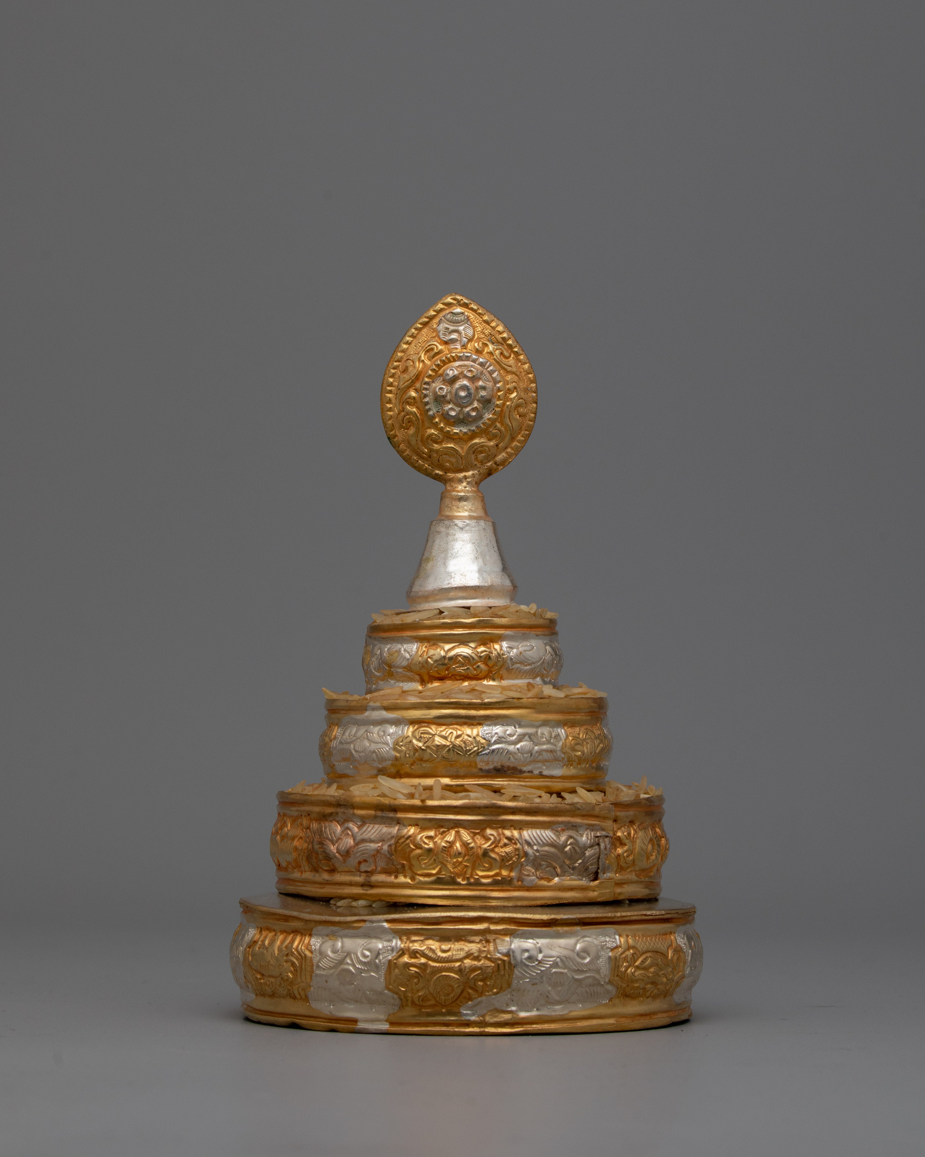 Buddhist Mandala Offering Sets | Intricate Copper Design with Gold and Silver Plating