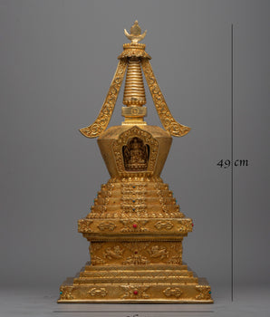 Gold Plated Tibetan Chorten Stupa To Enhance Meditation & Serene Home Decor
