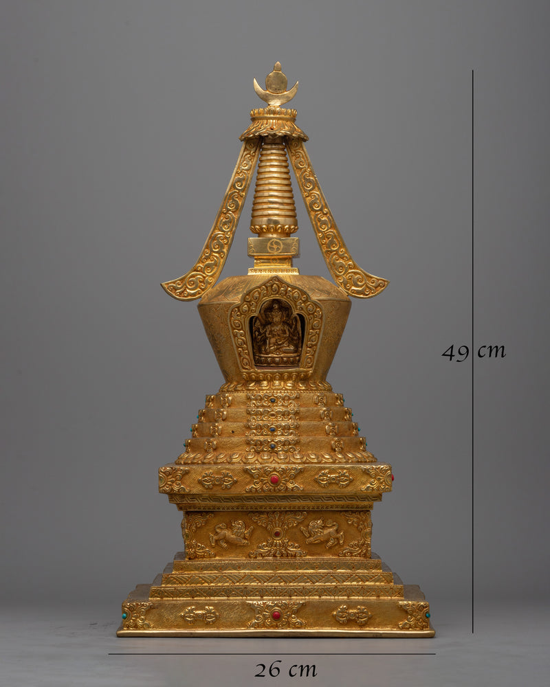 Gold Plated Tibetan Chorten Stupa To Enhance Meditation & Serene Home Decor