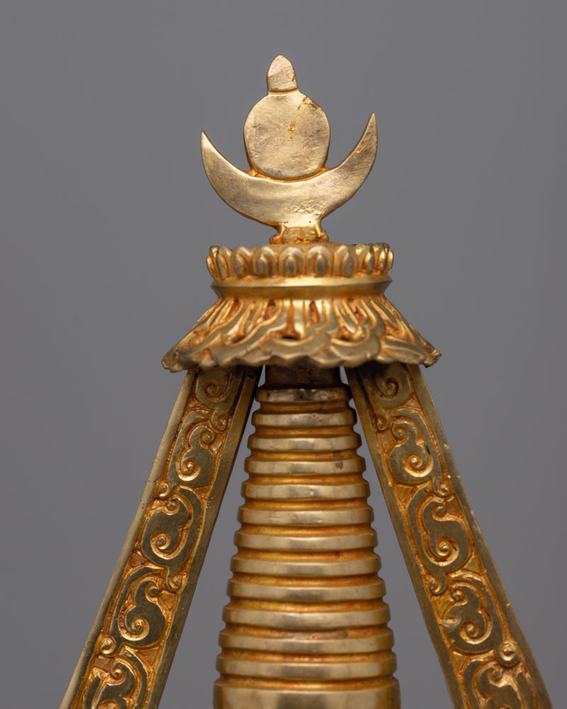 Gold Plated Tibetan Chorten Stupa To Enhance Meditation & Serene Home Decor