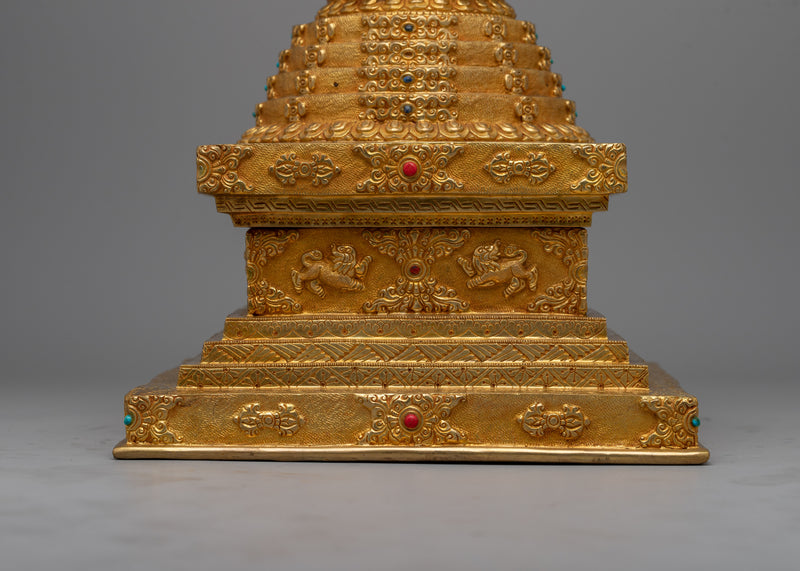 Gold Plated Tibetan Chorten Stupa To Enhance Meditation & Serene Home Decor