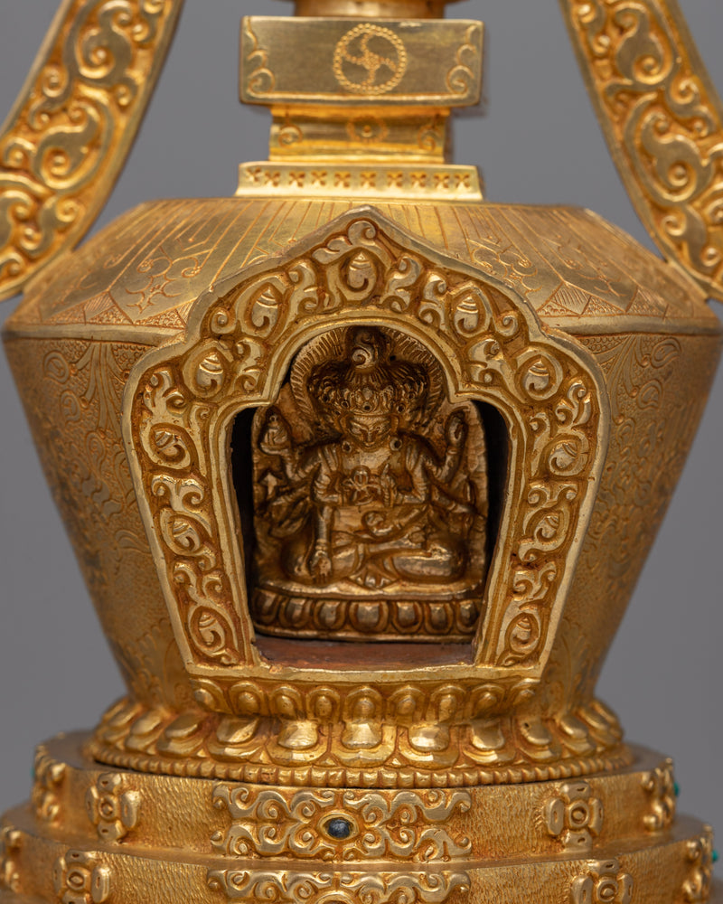 Gold Plated Tibetan Chorten Stupa To Enhance Meditation & Serene Home Decor