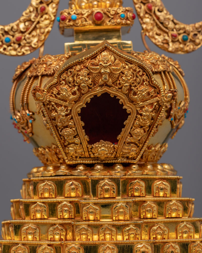 Tibetan Shrine Stupa | Gold Plated Traditional Buddhist Chorten for Meditation and Offerings