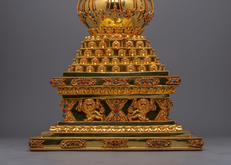 Tibetan Shrine Stupa | Gold Plated Traditional Buddhist Chorten for Meditation and Offerings