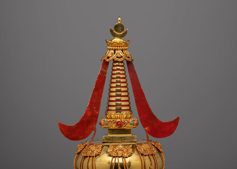 Tibetan Shrine Stupa | Gold Plated Traditional Buddhist Chorten for Meditation and Offerings