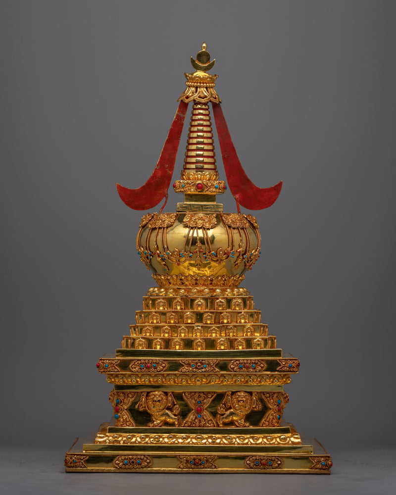 Tibetan Shrine Stupa | Gold Plated Traditional Buddhist Chorten for Meditation and Offerings