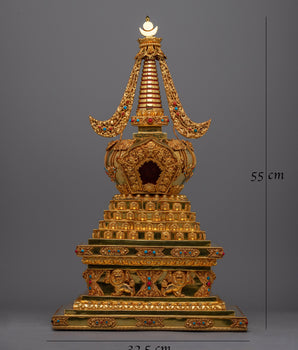 Tibetan Shrine Stupa | Gold Plated Traditional Buddhist Chorten for Meditation and Offerings