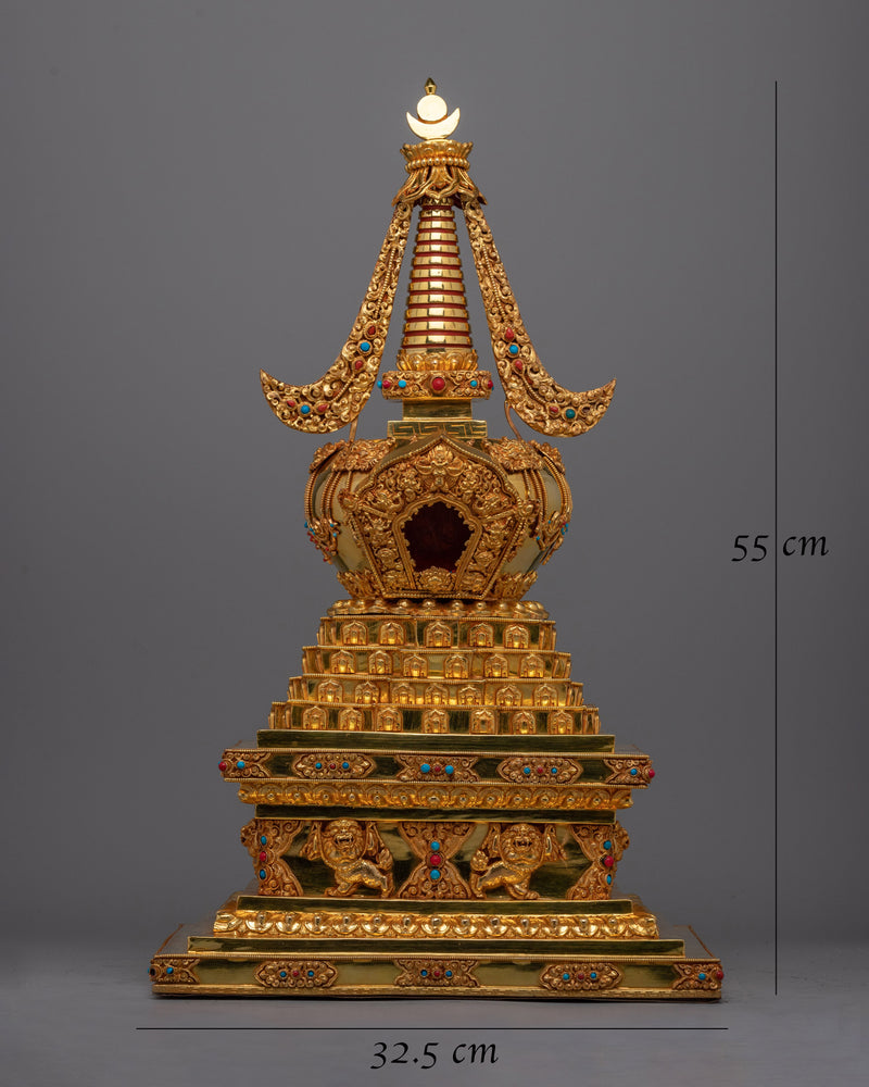 Tibetan Shrine Stupa | Gold Plated Traditional Buddhist Chorten for Meditation and Offerings