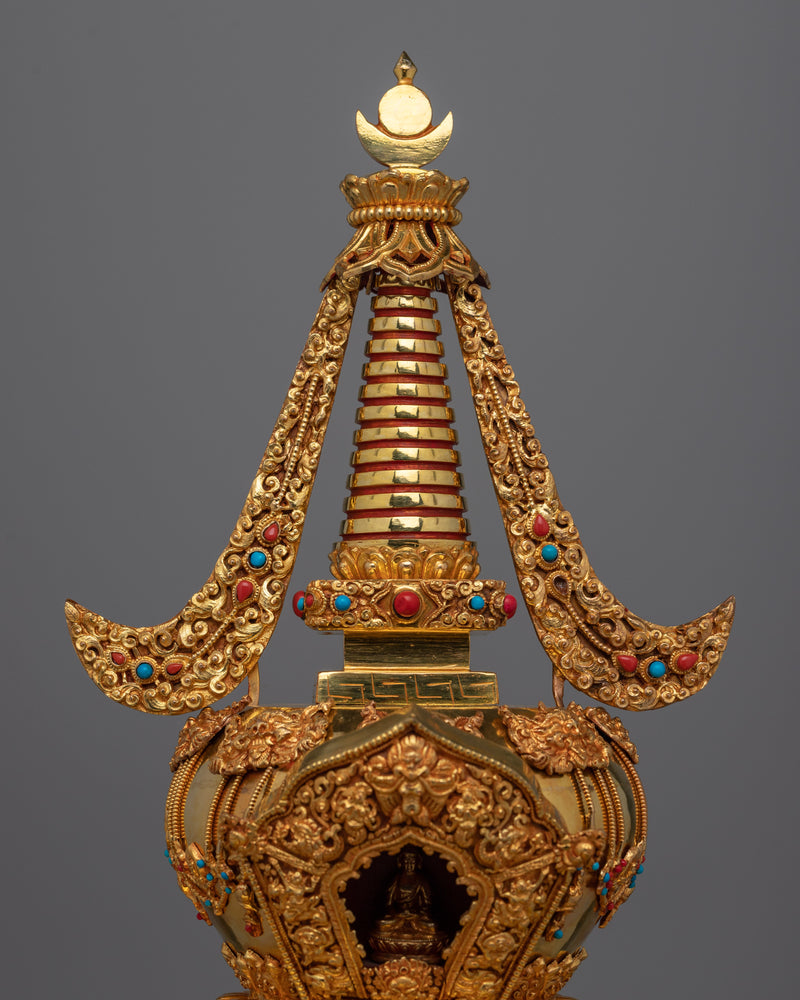 Traditional Buddhist Gold-Plated Stupa | Sacred Stupa for Spiritual Devotion and Elegant Home Decor