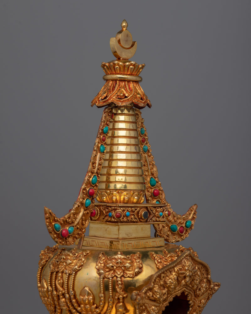 Meditation Stupa a Symbol of Spiritual Aspiration and Peace | Gold Plated Tibetan Chorten