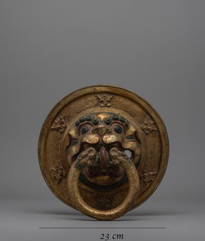 Pair of Buddhist Lion Head Door Knockers | Exquisite Repousse Work on Copper Body