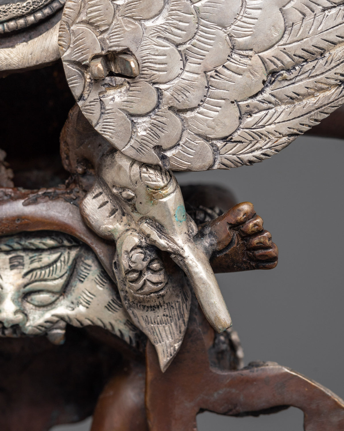 Sacred Hayagriva Statue with Consort | Oxidized Copper and Silver-Plated Sculpture