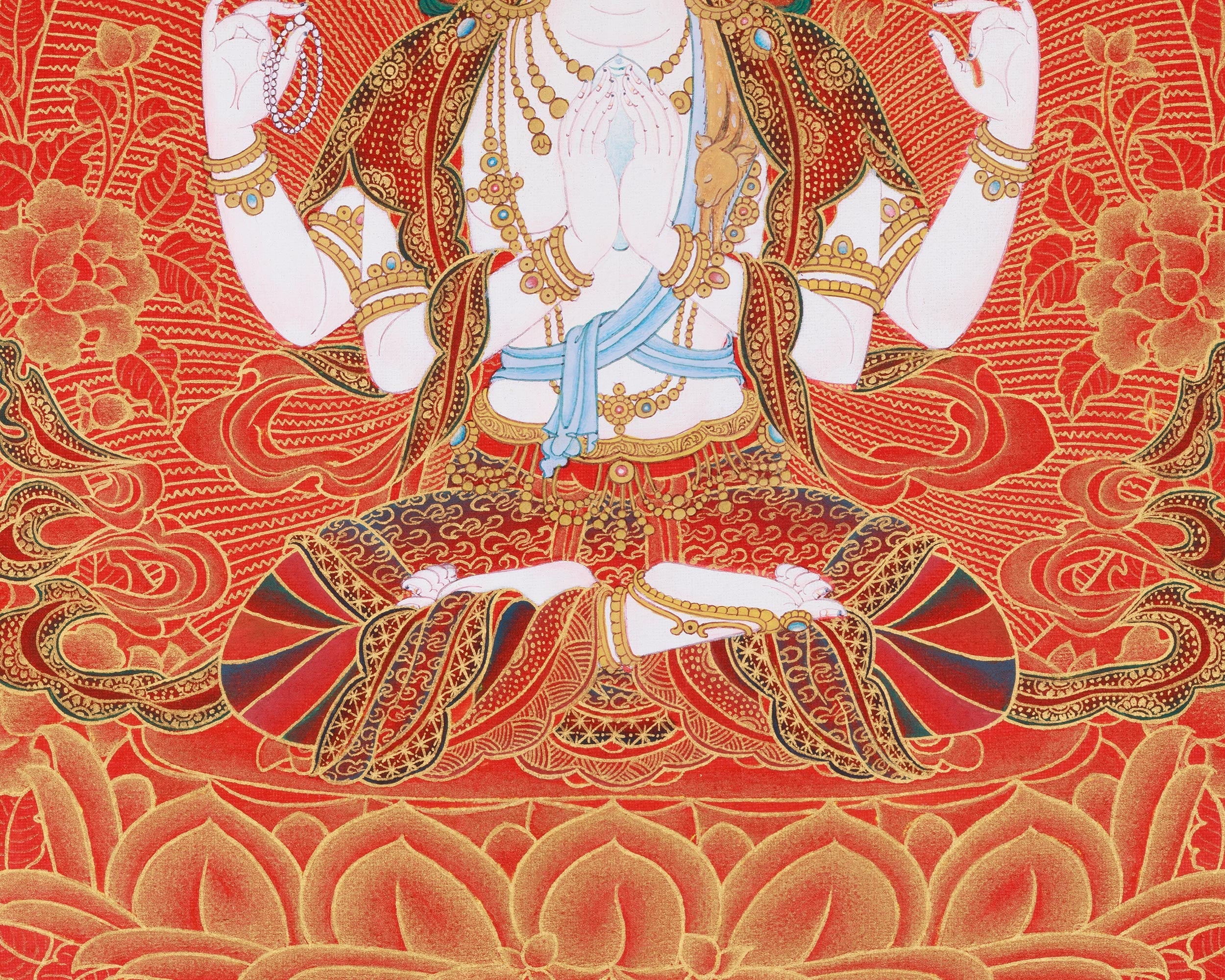 4 Arms Chenrezig Thangka | Nakthang Style with 24K Gold on Red Canvas