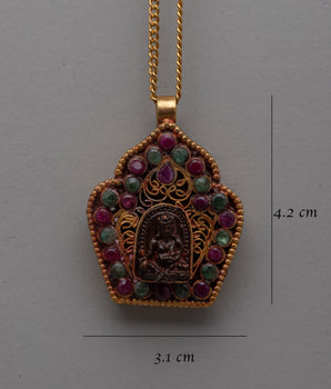 Handmade Jambhala Pendant | Gold Plated Copper with Ruby  Emerald