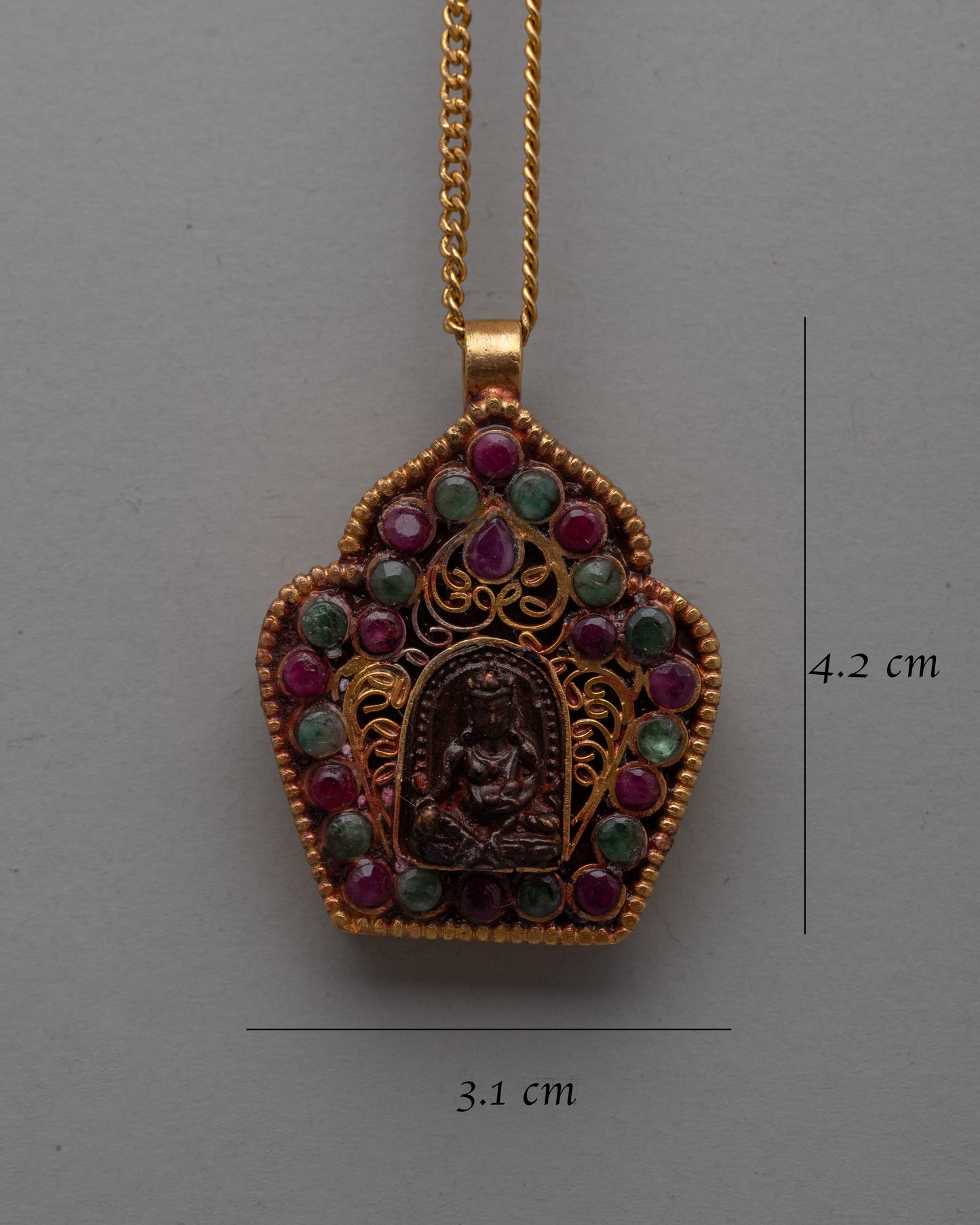 Handmade Jambhala Pendant | Gold Plated Copper with Ruby  Emerald