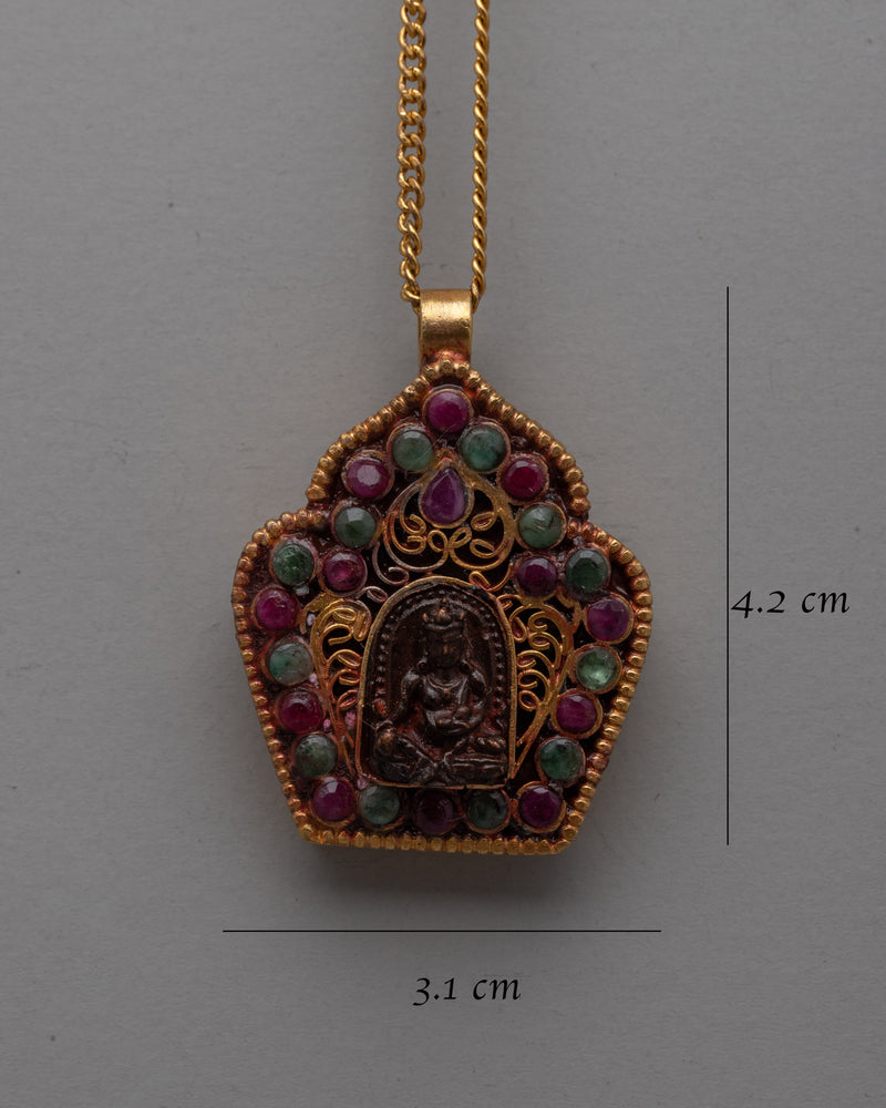 Handmade Jambhala Pendant | Gold Plated Copper with Ruby  Emerald