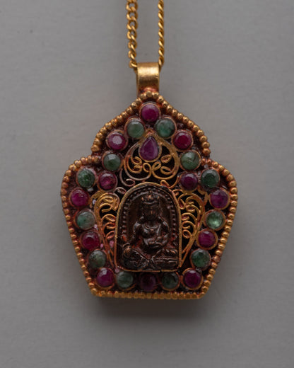 Handmade Jambhala Pendant | Gold Plated Copper with Ruby  Emerald