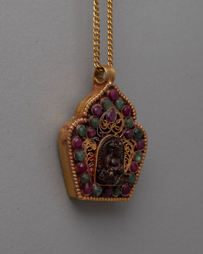 Handmade Jambhala Pendant | Gold Plated Copper with Ruby  Emerald