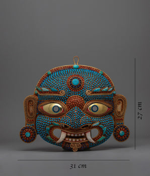 Authentic Nepali Lakhe Mask – Traditional Symbols and Vibrant Artistic Expression