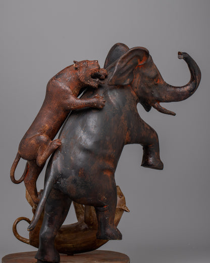 Lion Attack Elephant Statue | Handcrafted Brass Sculpture for Home or Office