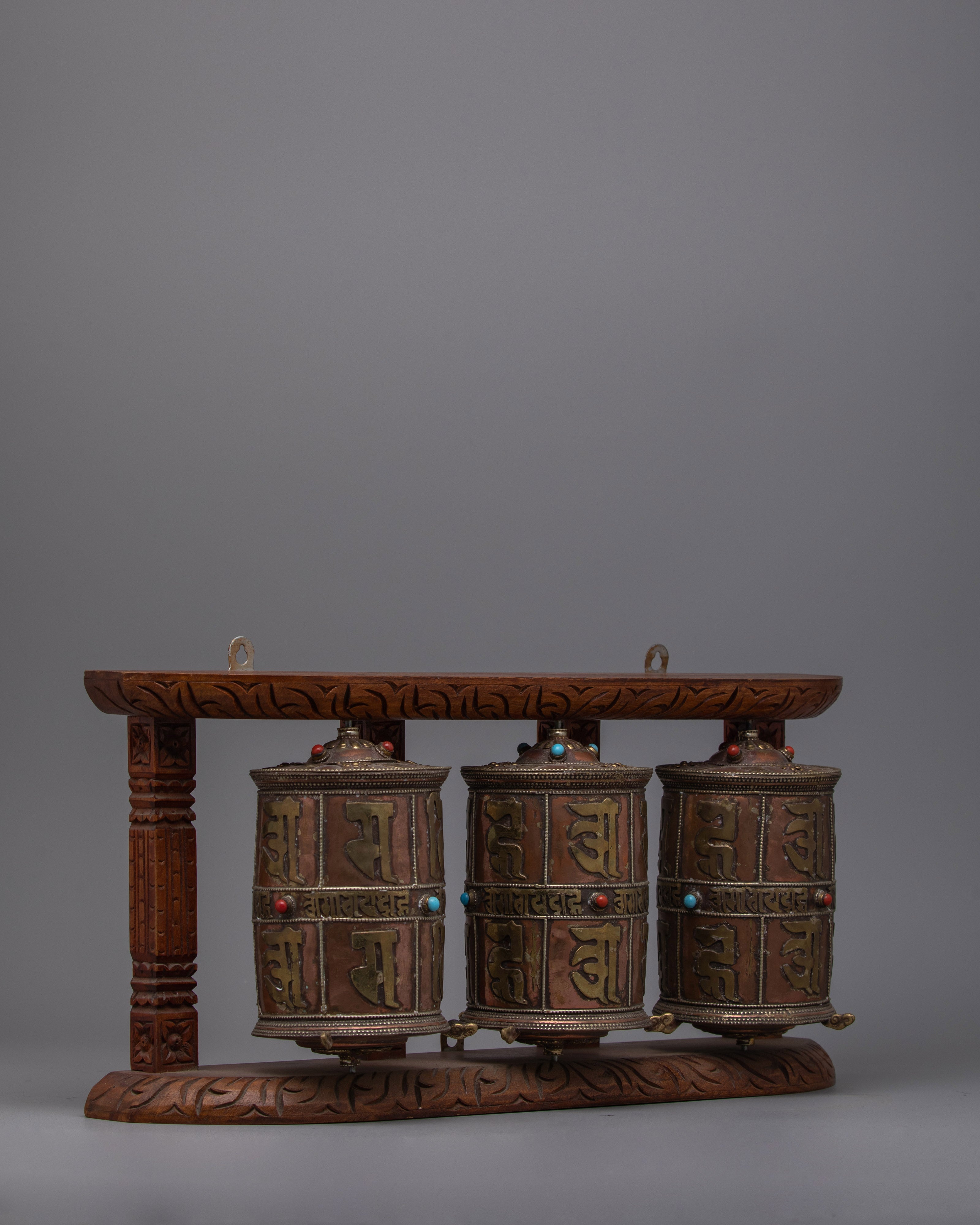 3-in-1 Buddhist Prayer Wheels with Wooden Wall Mount | Enhance Your Meditation Space